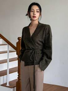 Dazy-Less Women's Casual Drawstring Tie Cardigan Business Casual Woman - Dark Green - View 4