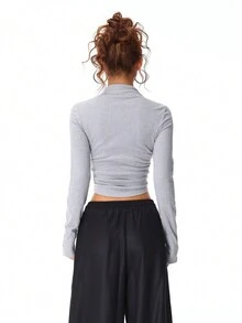 SHEIN EZwear Women's Casual With Fleece Slim Fit T-Shirt - Grey - View 2