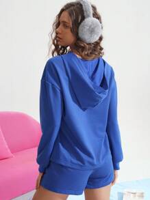 连帽套衫标语印花女士休闲家居服套装 - 藍色 - 查看 2