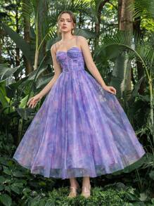 花卉薄纱褶皱紧身胸衣吊带返校派对礼服非常适合返校、聚会、舞会和鸡尾酒会优雅舞会半正式婚礼宾客礼服，适合生日、毕业典礼