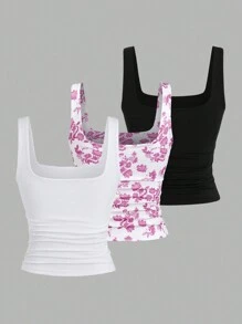 Sweetra Women's Pleated Scoop Neck Casual Tank Top, Summer Graphic Tees Women Tops - Multicolor - View 2