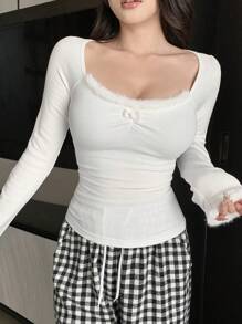 DAZY Autumn/Winter Brushed Knit Faux Fur Collar & Cuff Splice Slim Fit Fluffy Sleepwear Top, For Fall Winter, Cozy - White - View 4