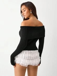 SHEIN Unity Suéter de punto sencillo de manga larga y hombros descubiertos de unicolor, casual para uso diario para mujeres - Negro - Ver 2