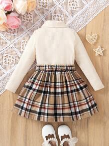 2pcs/Set Young Girl School Uniform Outfits, Including Collared Knit Long Sleeve Sweater With Bow Accent And Plaid Skirt, Fall/Winter Plaid Skirt Set - Apricot - View 2