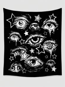 ROMWE Goth 1 Stück Polyester bedruckter abstrakter Stern & Augen Wandteppich, für Wohnzimmer Schlafzimmer Wanddekoration, Camping Dekoration, ganzjährig