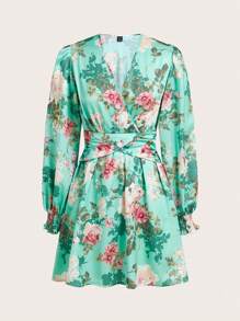 Maija 女士春夏花卉印花 V 领长袖优雅短裙飘逸连衣裙花朵连衣裙