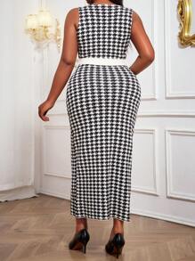 SHEIN Lady Lange elegant-lässige Kleider mit Gürtel in Schwarz oder Weiß, Zierknöpfe, Wollmischung, ärmellos, für Herbst und Winter, Große Größen, Abendkleid, kariertes Kleid