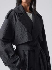 LYSMO 女士纯色翻领长袖中长款休闲风衣，春秋 - 黑色 - 查看 6