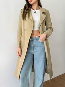 Flirla 纯色翻领长袖前扣休闲风衣 - 卡其色 - 查看 1