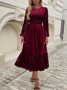 Calvaya Vestido de línea A con mangas abullonadas y definición de cintura en color rojo vino para mujer, ropa de Año Nuevo, vestido largo para conjunto de mujer