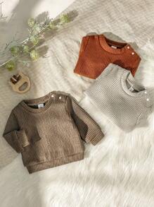 SHEIN Vintaside Kids 男婴休闲宽松圆领长袖露肩毛衣，秋冬 - 彩色 - 查看 6