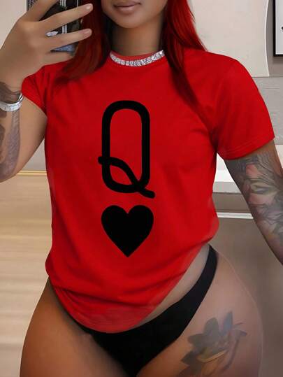 INAWLY Women's Casual T-Shirt With Poker Card Queen Pattern, Spring & Summer For New Year Clothes Graphic Tees Women Tops