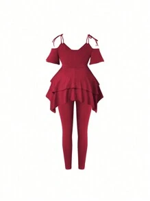 SHEIN Clasi 2pcs Plus Size Women Summer Solid Color Off Shoulder Short Sleeve Asymmetric Hem Top And Pants Set For New Year Clothes