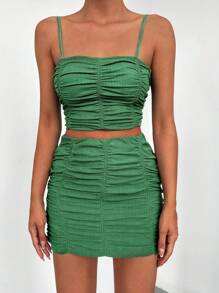 SHEIN PETITE Ruched Crop Cami Top & Bodycon Skirt - Dark Green - View 4