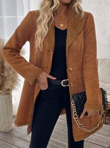 SHEIN Clasi Giacca casual da donna con colletto, maniche lunghe e bottoni anteriori, in tessuto termico, adatta per l'autunno e l'inverno - Cachi - Visualizzare 5