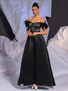 SHEIN Belle 优雅黑色羽毛点缀单肩蕾丝透明凸起肉色下摆高开叉重型晚礼服（袖子毛皮是真实的：土耳其毛皮）正式舞会婚礼宾客礼服，适合毕业典礼、晚宴 - 黑色 - 查看 6