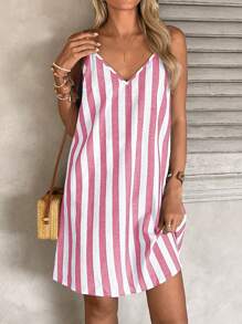 SHEIN LUNE Váy không tay cổ chữ V kẻ sọc giản dị dành cho nữ - Màu Đỏ Sâu - Xem 4