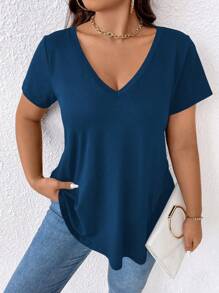 Linhara Plus Size V-Neck Short Sleeve Solid Color Simple Casual Loose Comfortable T-Shirt - Blue - View 4