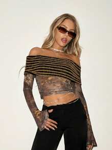 SHEIN ICON Manga larga de hombros descubiertos con estampado de paisley aleatorio y mangas campana estilo Y2K