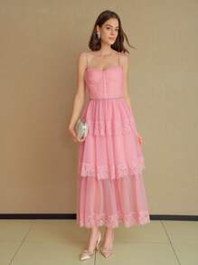 MOTF STUDIO MESH LACE PANEL RHINESTONE TRIM BUSTIER SLIP DRESS - Pink - View 8