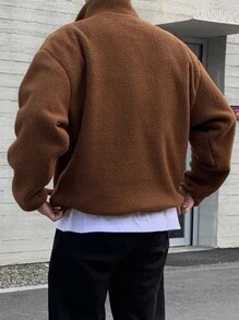 DAZY Sudadera con capucha de manga larga mullida con cremallera y parche de unicolor para hombre, otoño e invierno