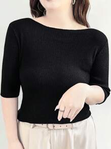 Flirla 大码纯色圆领短袖简约针织上衣，休闲日常穿着 - 黑色 - 查看 3