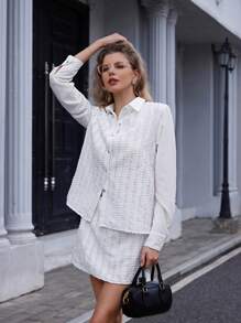 Chiquease 2 pièces Ensemble chemise polo à col français et mini-jupe plissée à motif quadrillé pour femmes, tenue de bureau et de trajet - Blanc - Voir 2