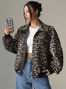 SHEIN EZwear 女士豹纹拉链休闲长袖外套（秋冬款） - 棕色 - 查看 3