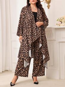Modelyn 2pcs Plus Size Leopard Print Long Sleeve Jacket And Pants Casual Set - Multicolor - View 4