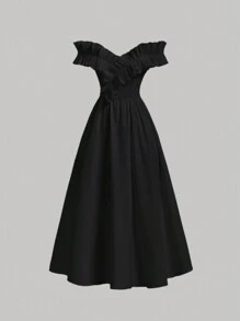 SHEIN MOD White Romantic Pleated Ruffle Trim Off-Shoulder Spring & Summer Midi Bandeau Dress - Black - View 1