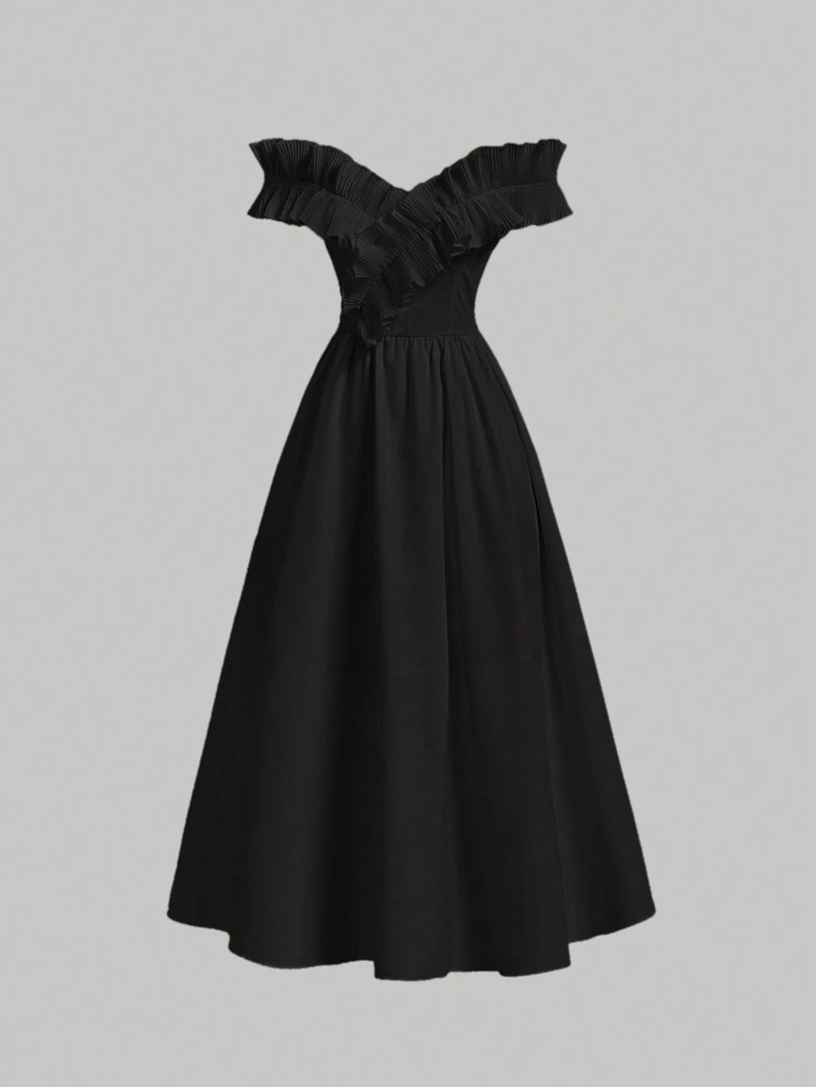 SHEIN MOD White Romantic Pleated Ruffle Trim Off-Shoulder Spring & Summer Midi Bandeau Dress - Black - View 1
