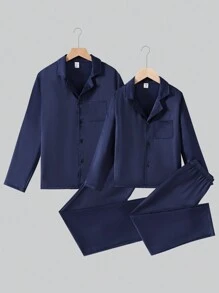 SHEIN 2 pièces/set Pyjama pour pré-adolescents garçons, cardigan à col châle bleu marine unicolore et pantalon, ignifuge, confortable