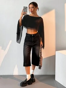 SHEIN EZwear Blusa Solta e Curta de Manga Morcego com Gola Redonda e Cor Sólida, Manga Três Quartos, Primavera/Verão