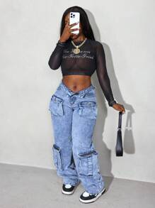 Slaydiva Solid Color Pocket Sexy Straight Leg Jeans - Light Wash - View 1