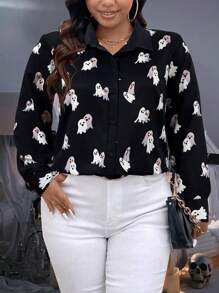 SHEIN LUNE Halloween Plus Size Ghost Print Button Front Casual Long Sleeve Shirt Fall Cloth For Women - Black and White - View 4