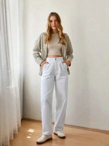 SHEIN Cottnline WOMEN FASHIONABLE SKATER FLARE JEANS - Beige - View 5