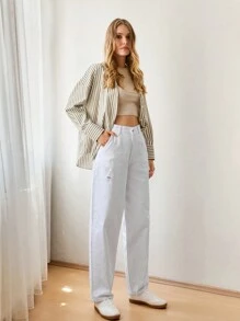 SHEIN Cottnline WOMEN FASHIONABLE SKATER FLARE JEANS - Beige - View 6