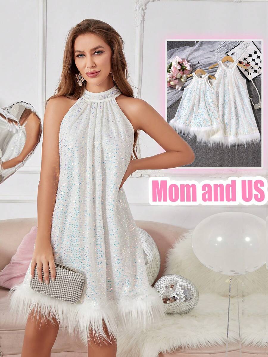 3pcs/Set Girls & Mommy Matching Sequin Decor Sleeveless High-Low Hem Dress Formal Gown For Party, Sold Separately