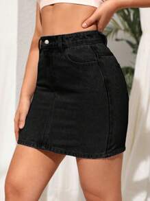 Rok Denim Kasual Sederhana Warna Polos untuk Wanita - Dark Grey - View 6
