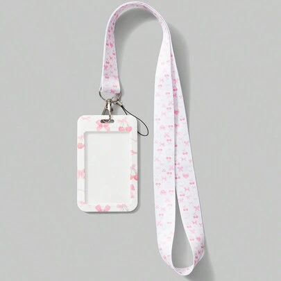 ROMWE Kawaii 1pc Lovely Cherry Pink Bow Card Holder & Lanyard