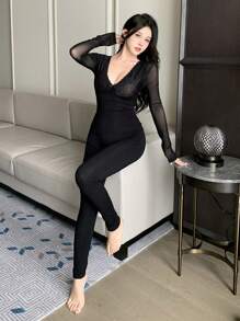 DAZY Lace Contrast Mesh Fitted Pajama Set - Black - View 5