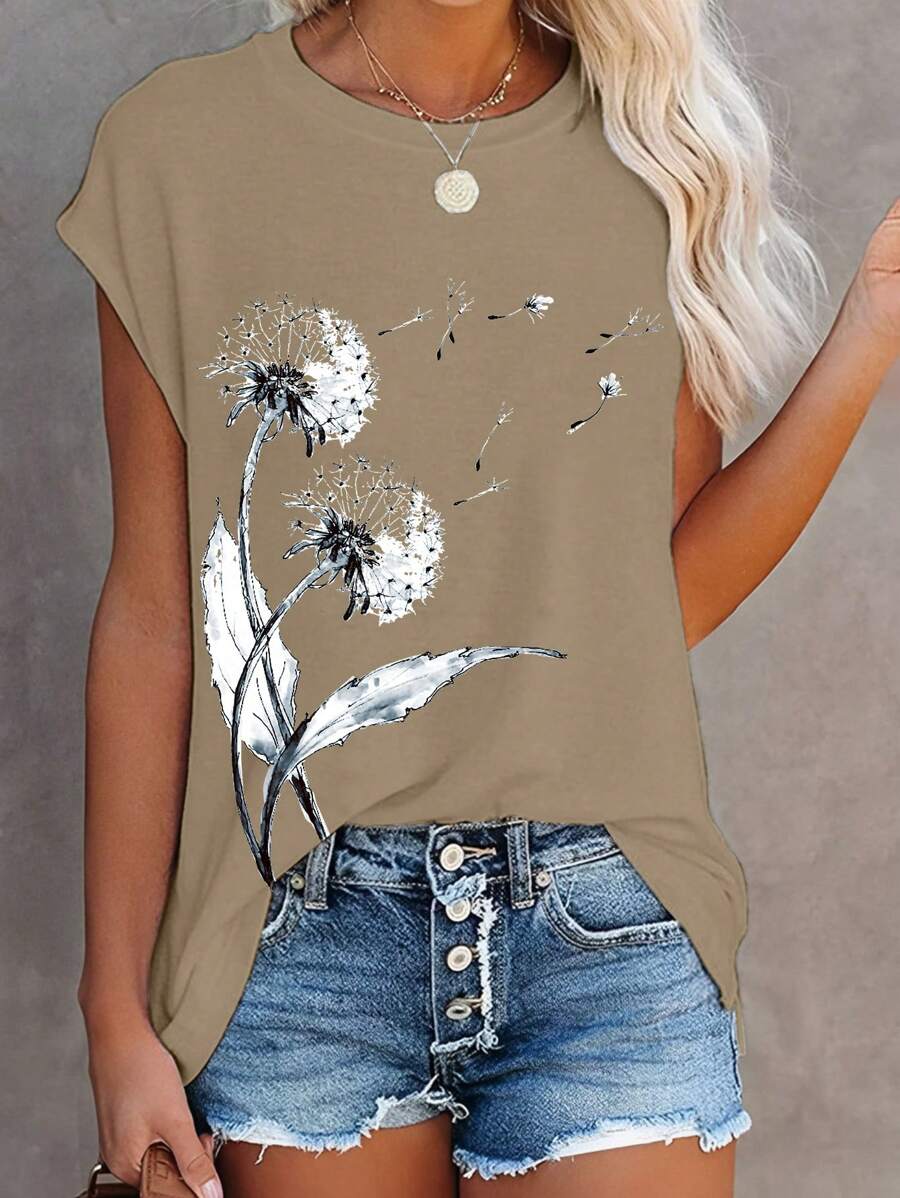EMERY ROSE Daisy Print Round Neck Batwing Sleeve Casual T-Shirt - Khaki - View 1