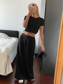 Livesso 撞色圆领修身女式短袖T恤夏季学院风上衣