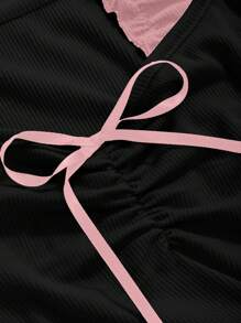 DAZY 女士系带收腰黑色长袖蝴蝶结T恤夏季外出上衣 - 黑色 - 查看 2