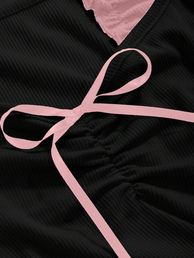 Women's Tie-Front Cinched Waist Black Long Sleeve Bowknot T-Shirt Summer Going Out Tops Women