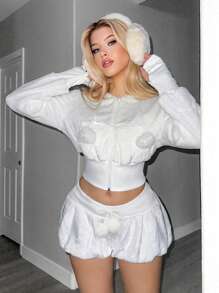 Sweetina Y2k 白色可爱修身蕾丝边羊毛短款连帽运动衫 90 年代装秋季女装，长袖上衣 - 白色 - 查看 6