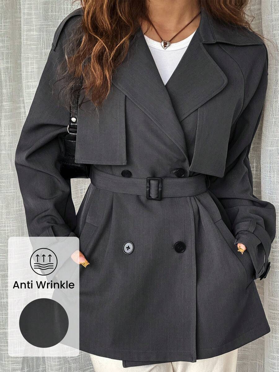 SHEIN EZwear 1 件灰色抗皱休闲风衣，秋季 - 灰色 - 查看 1