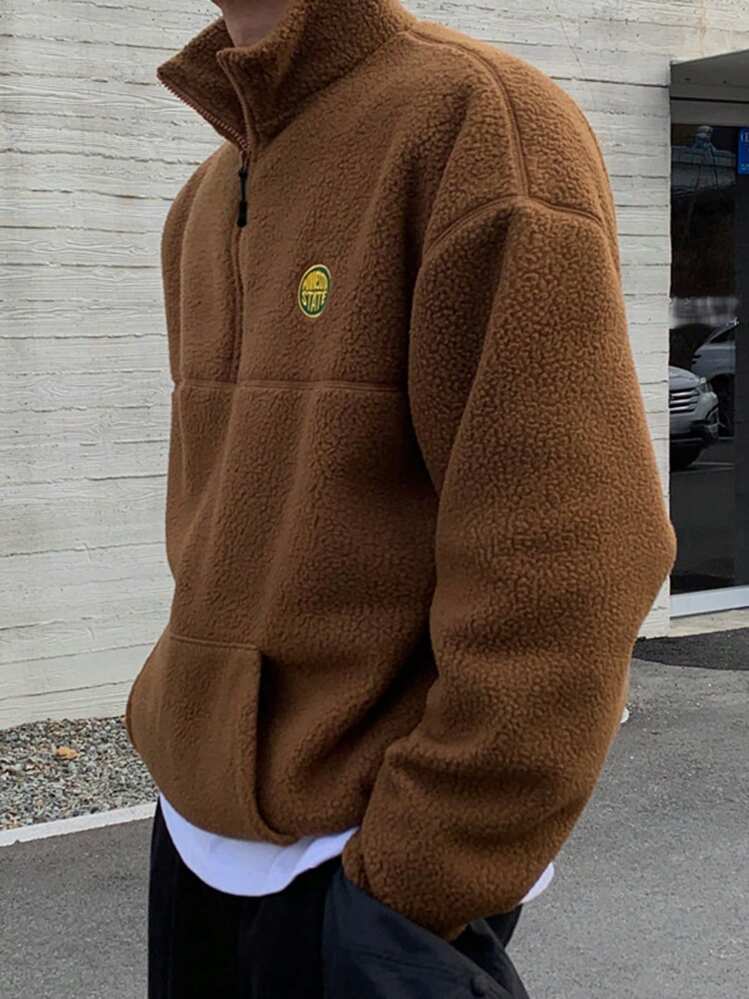 DAZY Men's Solid Color Applique Zip-Up Fluffy Long Sleeve Sweatshirt, Autumn Winter - Brown - View 4