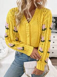 Chiquease Cardigan court, ample et lâche, tricoté avec texture de corde torsadée, style européen et américain à la mode, doux et délicat avec fleurs brodées en 3D