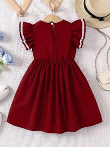 SHEIN New Arrival Young Girl Burgundy Casual Dress With White Bow, White Ruffle Trim Sleeves, Comfortable And Fashionable For School, Christmas, Back To School Season